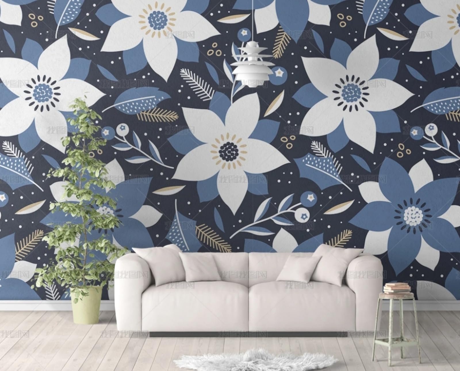 Papier peint autocollant fleurs bleues pour rénover facilement meubles et murs abîmés