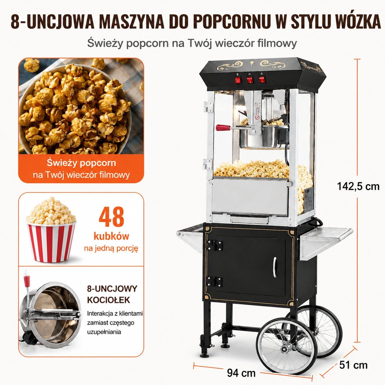 Maszyna do popcornu z wózkiem, 850 W, kociołek 8 oz na 48 filiżanek załadunku, hartowane szkło, czarna, 4 gałki, zastosowanie kinowe, restauracyjne, imprezowe