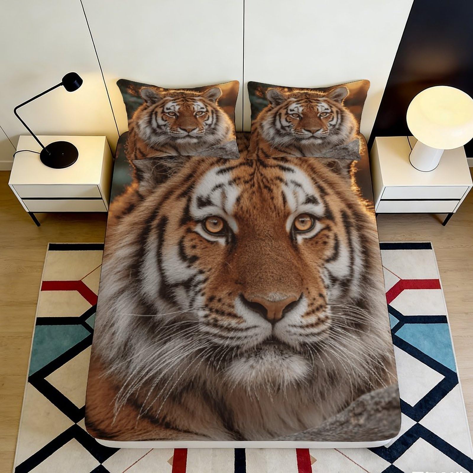 3D Printed Tiger Face Fitted Sheet Microfiber Soft Breathable Wild Animal Bed Cover for Bedroom Dorm Mattress Protection Decor 120x200x25cm