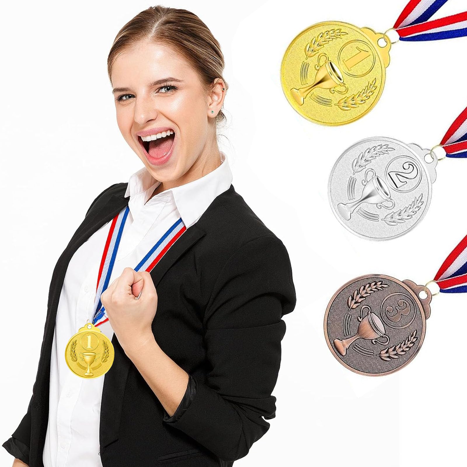 Vueinrg Lot De 12 Médailles Pour Enfants En Métal Doré, Argenté, Bronze Avec Ruban, Médailles De 1ère, 2e Et 3e Place En Métal Pour Le Sport, Les Compétitions, Les Fêtes