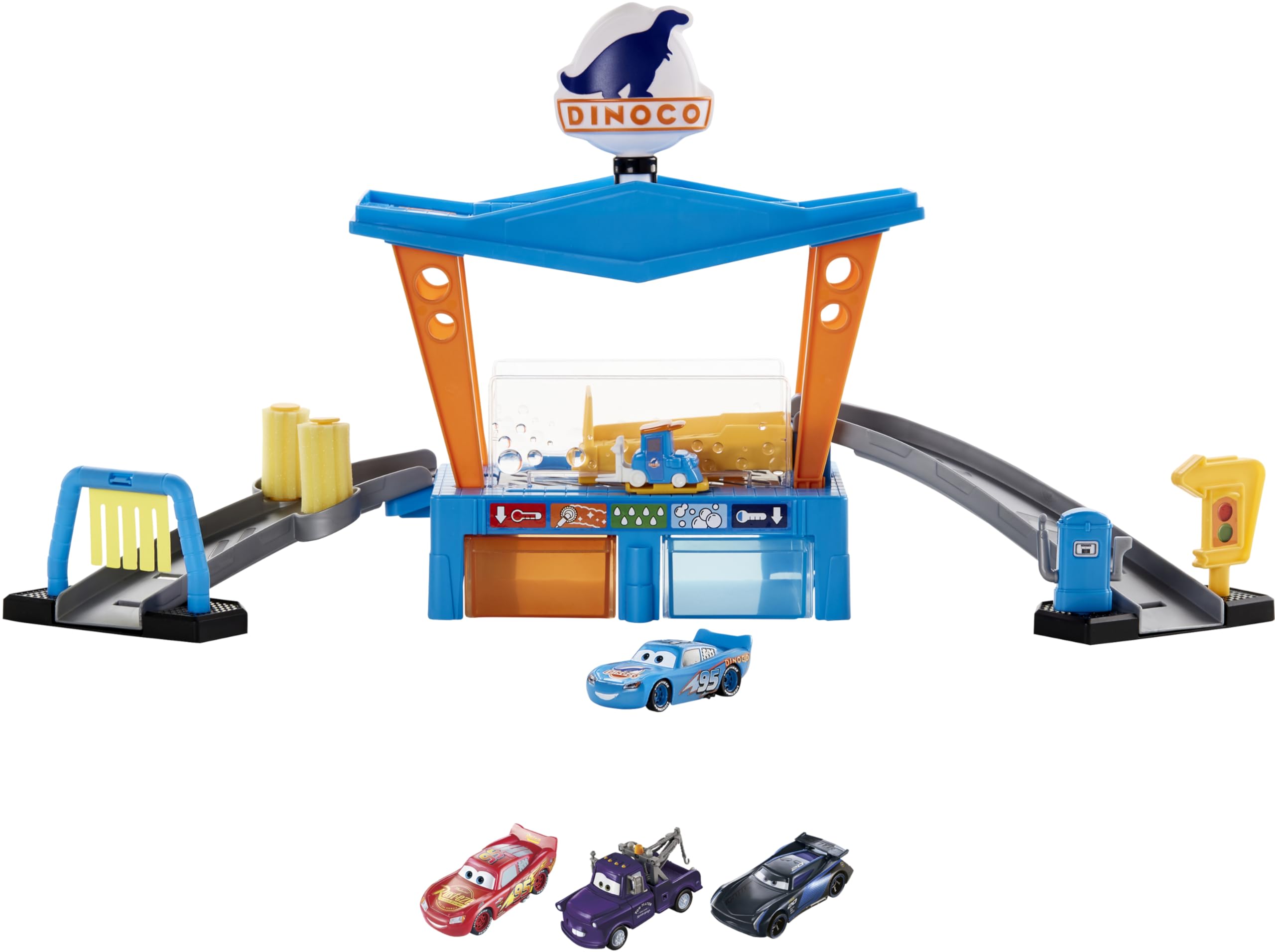 Mattel Disney and Pixar Cars Playset with 4 Color-Change Toy Cars & 1 Pitty Vehicle, Dinoco Car Wash Playset with Exclusive Lightning McQueen