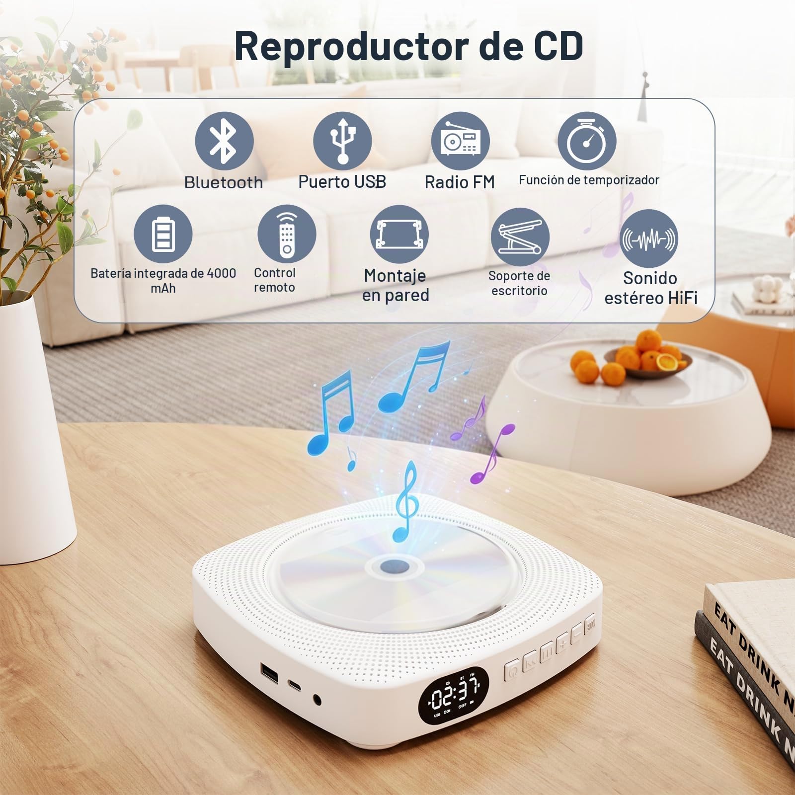 WOLFANG Reproductor de CD portátil Bluetooth para casa y Exterior, con Altavoces, batería Recargable 4000 mAh, Radio FM, USB, Mando a Distancia, Montaje en Pared y Soporte de Mesa