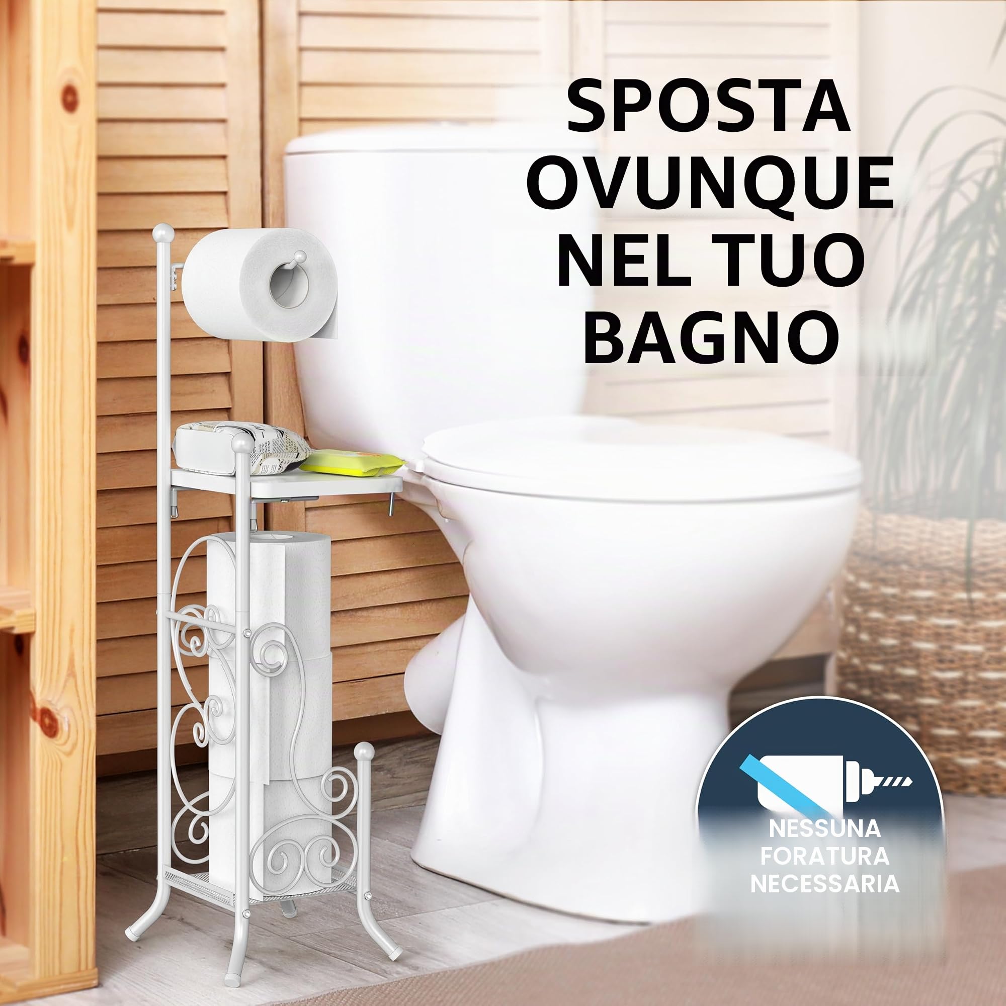 Simple Houseware Portarotolo di carta igienica in stile inglese con ripiano, bianco