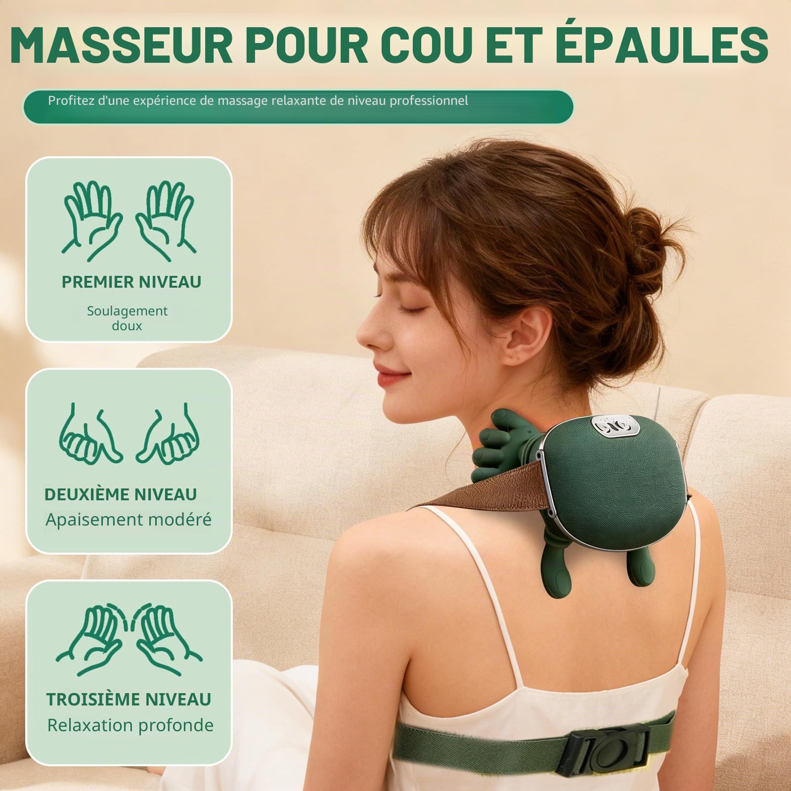 4D Masseur de Cou, Masseur dos et Cervicales， Massage Cervicales et Cou, Épaules et Dos avec Chaleur 3 Réglages de Massage et 2 Niveaux de Chaleur Sans Fil Rechargeable USB