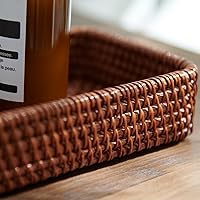 Vista 4 de Bandeja de servir de ratán, bandeja tejida rectangular, cestas decorativas de mimbre natural para organizar la mesa, baño, encimera de cocina Marrón