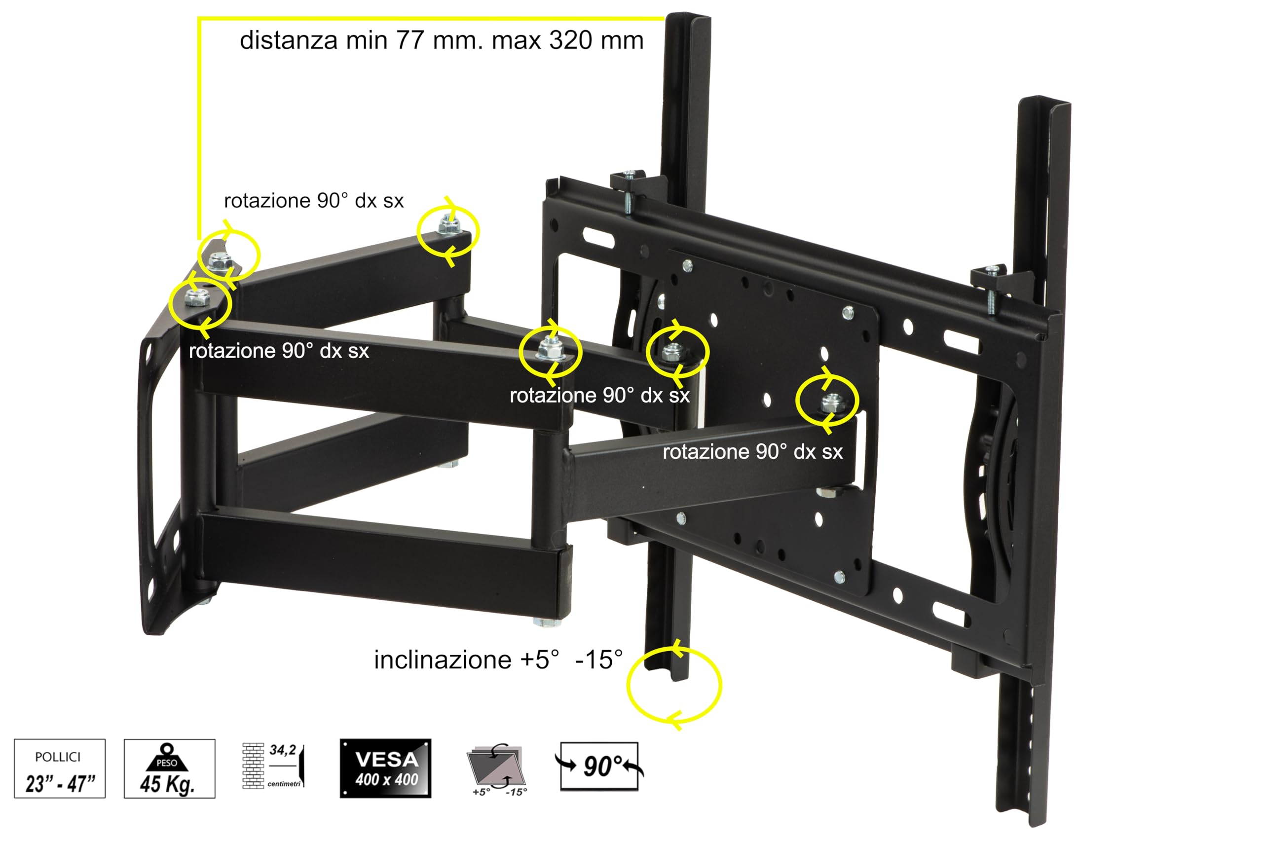 Link LKBR40 Soporte de Pared para TV de 23" a 47" hasta 45 kg - Compatible VESA 75x75, 400x400-3 articulaciones para orientación Horizontal y Vertical - Extensión 6,7-34,2 cm - Inclinación Vertical