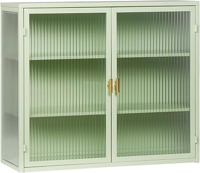 Vinsetto Modern Two-Door Wall Cabinet with Three-Tier Storage, Tempered Glass Doors, and Detachable Shelves, 27.56", Mint Green