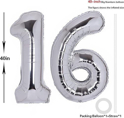 Miniatura 2 de Globos plateados de 40 pulgadas con el número 16, gigantes, grandes, de Mylar con el número 16, globos plateados de aluminio de Mylar para fiesta de