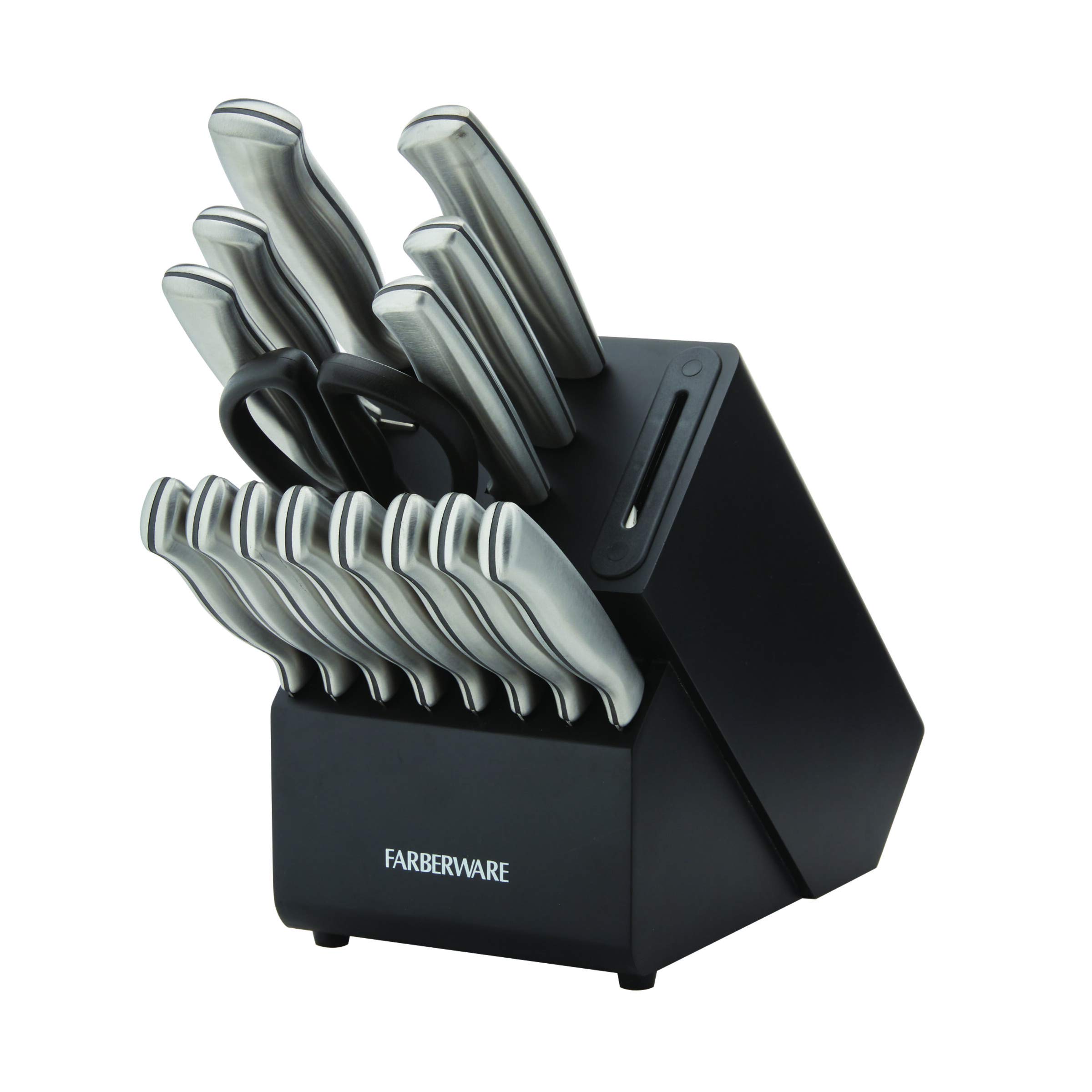 Farberware Edgekeeper 16-Piece Stainless Steel Knife Block Set with Built in Knife Sharpener, High Carbon-Stainless Steel Kitchen Knives, Razor-Sharp Knife Set, Black
