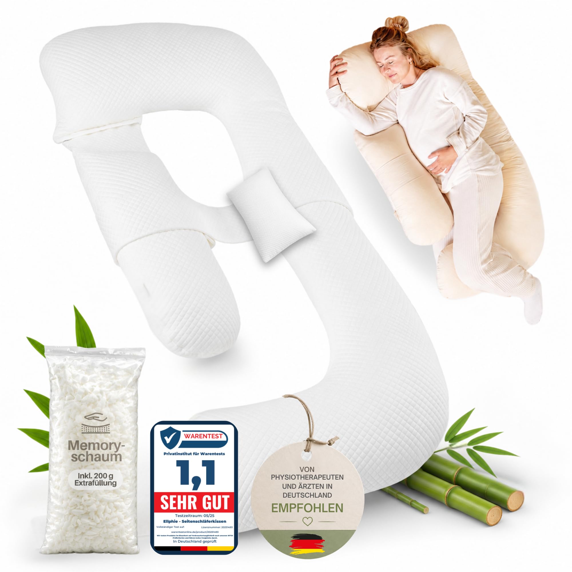Seitenschläferkissen XL, Schwangerschaftskissen, Stillkissen, Memory Foam Füllung, Kissenbezug 100% Baumwolle, Kuschelkissen, Lagerungskissen, Viskosebezug, Pregnancy Pillow, beige