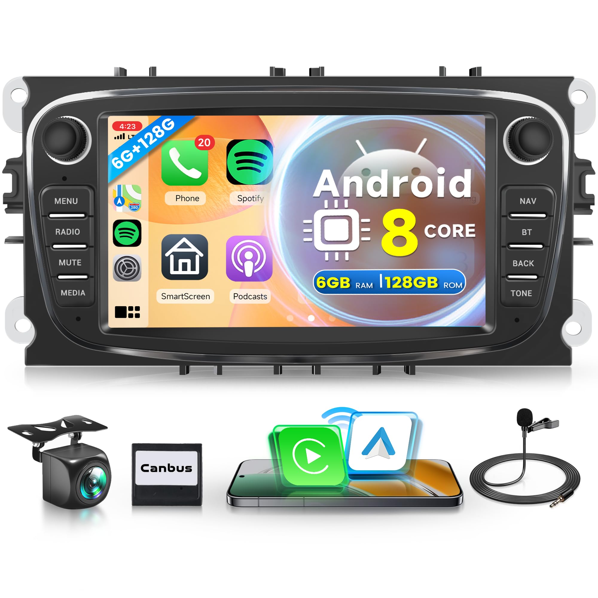 8 Core 6G+128G Android Autoradio für Ford Focus II mk2 Mondeo S-Max C-Max Galaxy 7 Zoll Autoradio mit Wireless Carplay Android Auto Navi GPS WIFI Mirror Link Bluetooth FM/RDS/DSP EQ/SWC Rückfahrkamera
