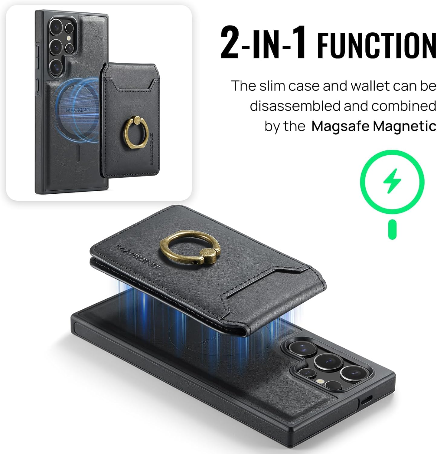 SZHAIYU K1 2 in 1 Detachable Magnetic Phone Cases Compatible with Samsung Galaxy S25 Ultra Case with Card Holder Ring, Compatible with Magsafe Wallet, Leather 6.8'' RFID Blocking (Black) - Image 5