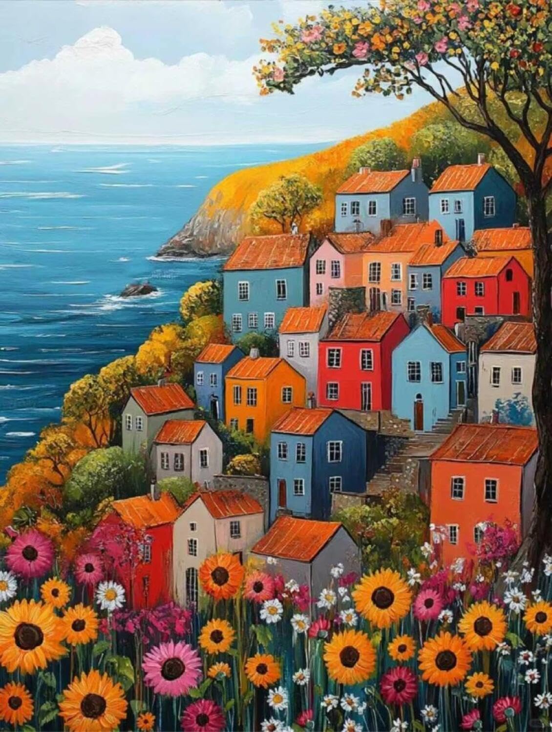 Rqwybcaxn Bead Cross Stitch Kits Seaside Fishing Village 40x50cm