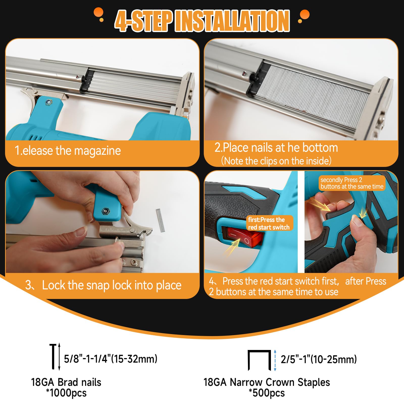 Cloueuse sans fil pour batterie Makita 18 V, cloueuse/agrafeuse électrique 2 en 1, 1000 clous droits et 500 clous en U inclus pour l'amélioration de la maison et le travail du bois (sans batterie)