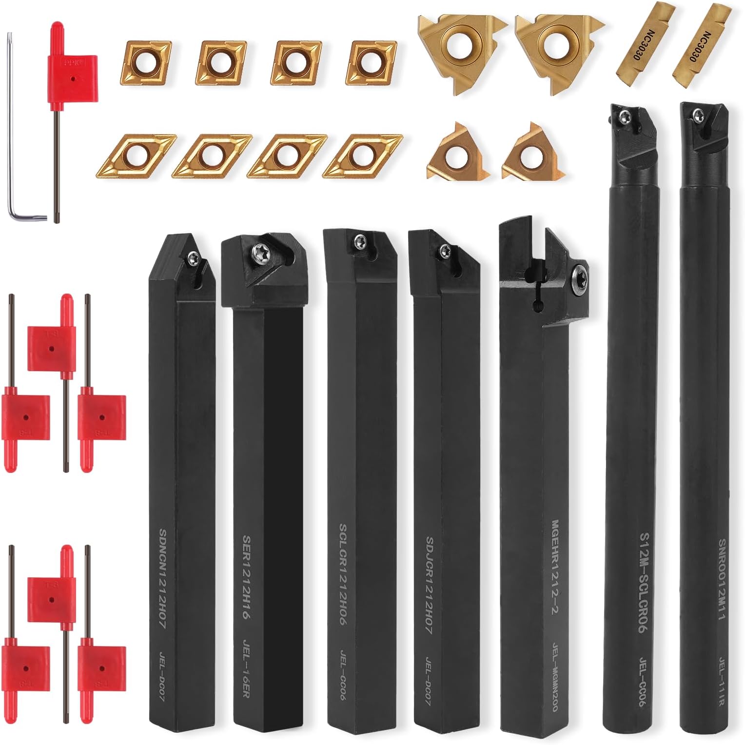 Indexable Lathe Turning Tool 1/2" 12mm Shank 21PCS Kit-7PCS Metal Lathe Tools Holder 14PCS Carbide Insert for Turning Boring Grooving Cutting Threading