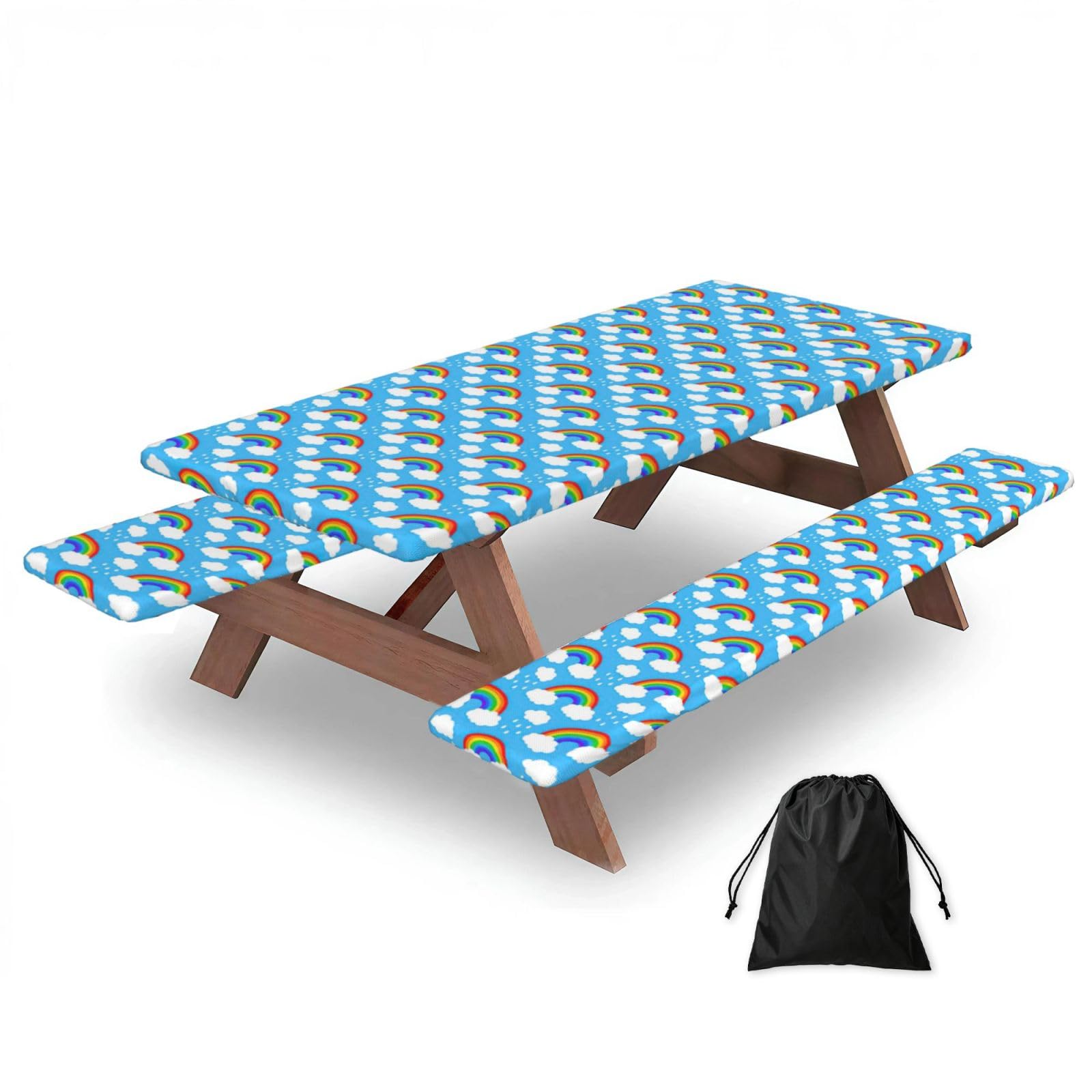 Duwaa Black Rainbow Clouds Raindrop Print 183Cm Picnic Table Cover With Bench Covers, Waterproof Elastic Tablecloth Set For Outdoor