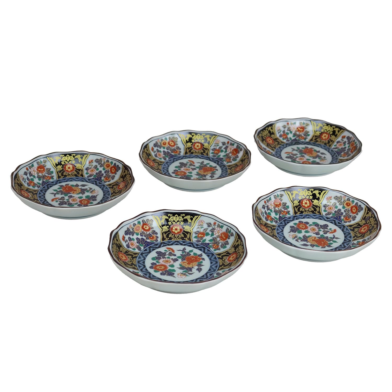 Yuki Roman Ko-Imari Style Octagonal Small Plates 5 Pieces Sometsuke Nishiki Gold