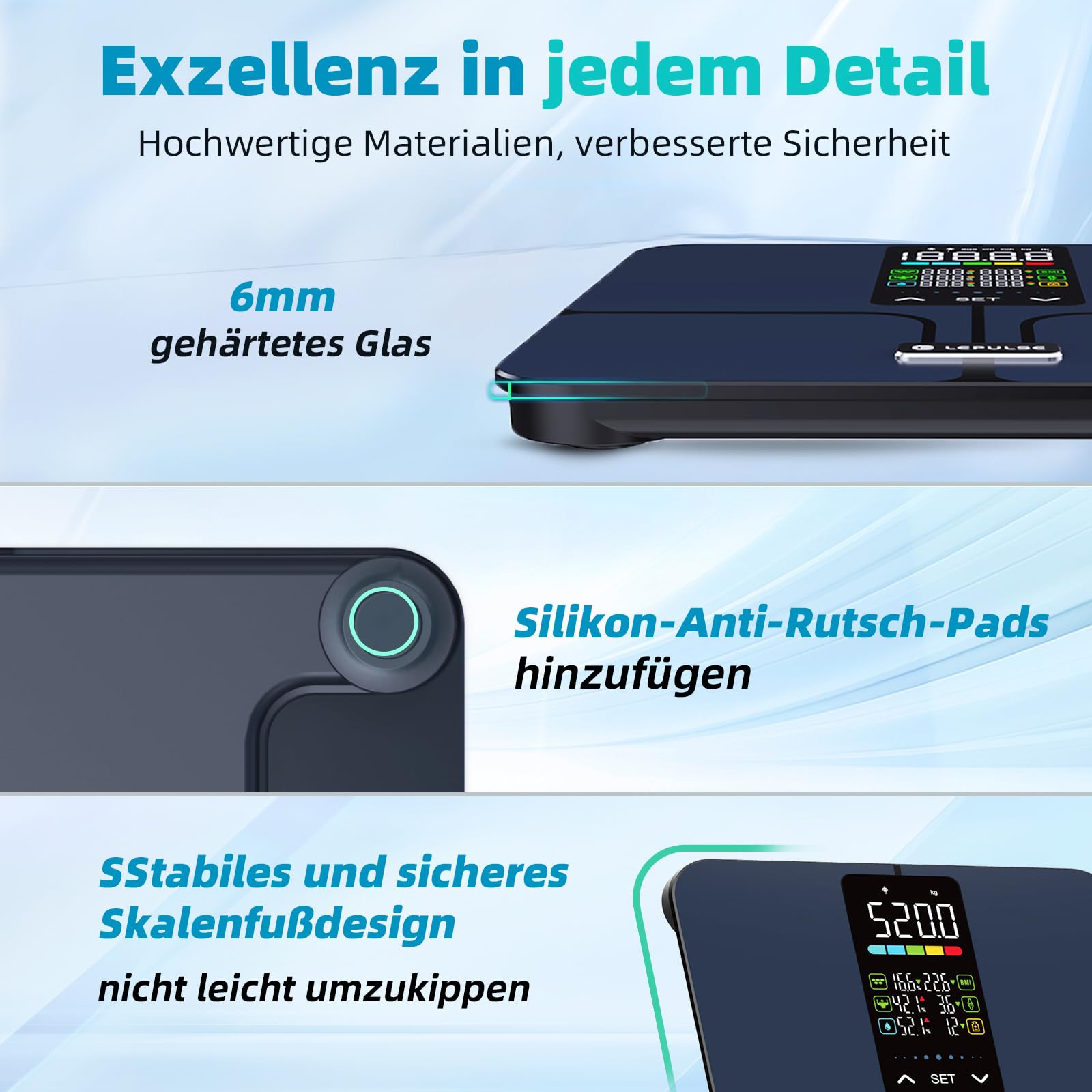 Körperfettwaage ohne App, 5.44''Großes Display, Körperanalysewaage 227kg | Lepulse Waage mit Körperfett und Muskelmasse, Körperwaage mit 10 Benutzer-IDs, SET-Taste Einstellung, 8 Körpermaße