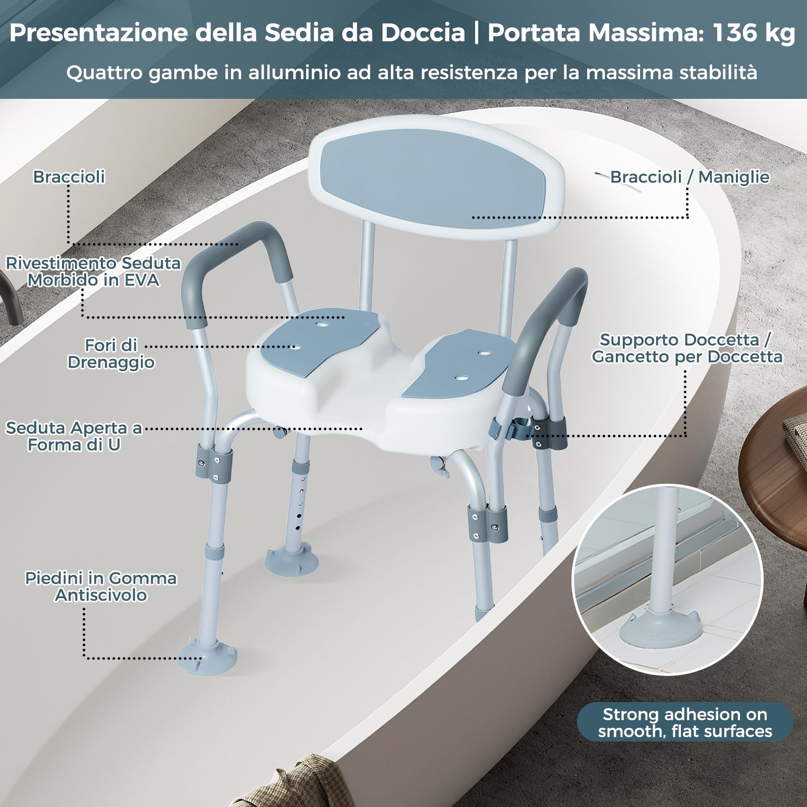 Sgabello Doccia Anziani Sedia da Doccia Girevole a 360° Altezza Regolabile Seggiolino per Doccia Anziani con Braccio Schienale