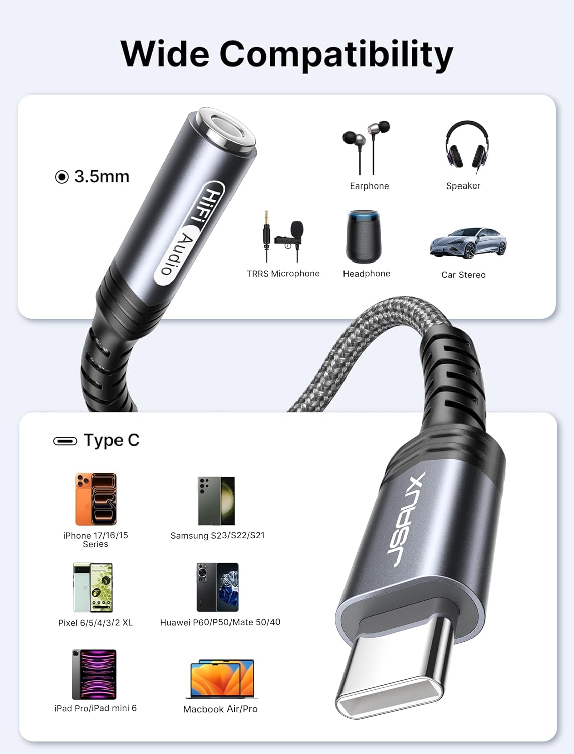 Graphic illustrating wide compatibility of the JSAUX adapter with various devices and audio equipment