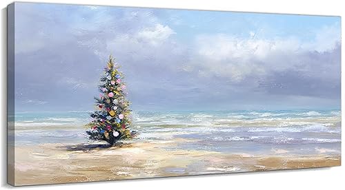 TIMUBA Arte de pared de árbol de Navidad costero, imágenes temáticas de árbol de Navidad de playa para decoración de pared, impresiones en lienzo de