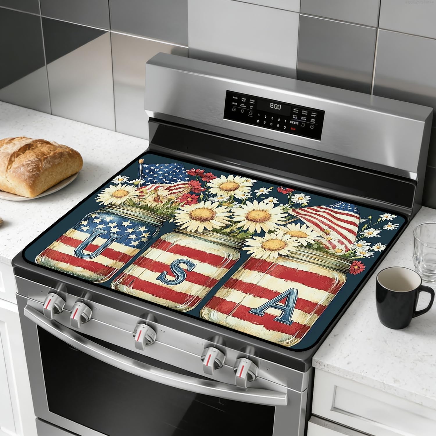 Patriotic Electric Stove Top Cover, Heat Resistant Glass Cooktop Protector for Kitchen Ceramic Countertops, Multiuse Stove Cover and Dish Drying Mat
