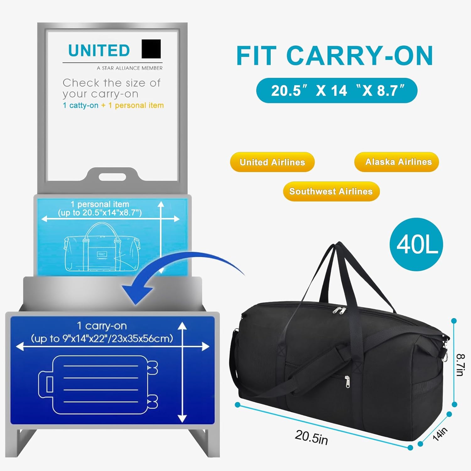 Carry on luaggage 22x14x9 Airlines Approved, Foldable Travel Duffel Bags Weekender Overnight Carry on Duffel Luggage Gym Duffle Bag with Wet Pocket & Shoe Compartment for Women Men(Black, 40L) - Image 3