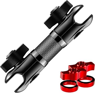 Tackform 5" Long 20mm Ball and Socket Arm DuraLock 20 Series Carbon Fiber Arm | Dual 20mm Sockets with Optional Anti-Theft Knobs | Black with Red Billet Accent Kit
