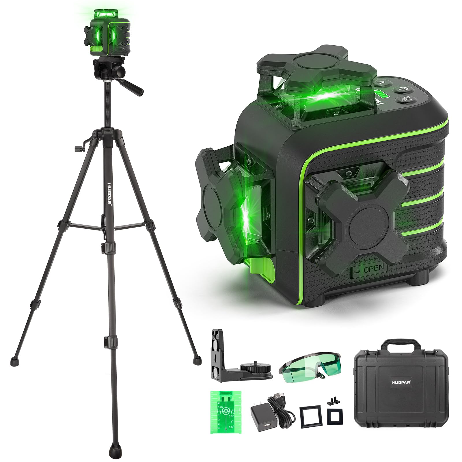 Huepar Livella Laser Verde 3x360°Autolivellante con Treppiede 1,2m, Resistente alle Cadute fino 1,5m,12 Linee,Supporto Magnetico 360°,Modalità Impulso,Portata 50m, Kit Professionale Completo U03CGT