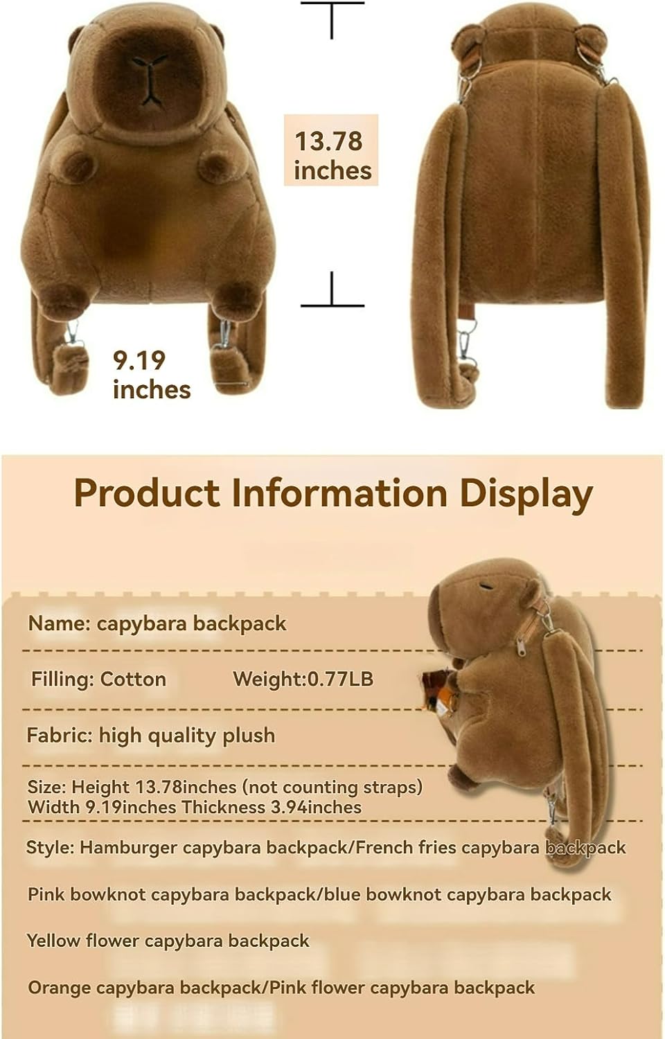 Capybara Bow Bowknot Orange Flower Lollipop Cute Plush Backpack Kawaii Cartoon Design for Women Ita Bag (Toast) - Image 5