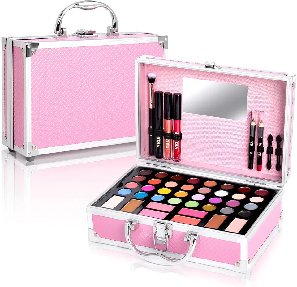 Kit de maquiagem para iniciantes para adolescentes, conjunto de maquiagem para meninas e mulheres, kit de maquiagem iniciante com estojo cosmético incluído 32 cores sombra blush contorno labial