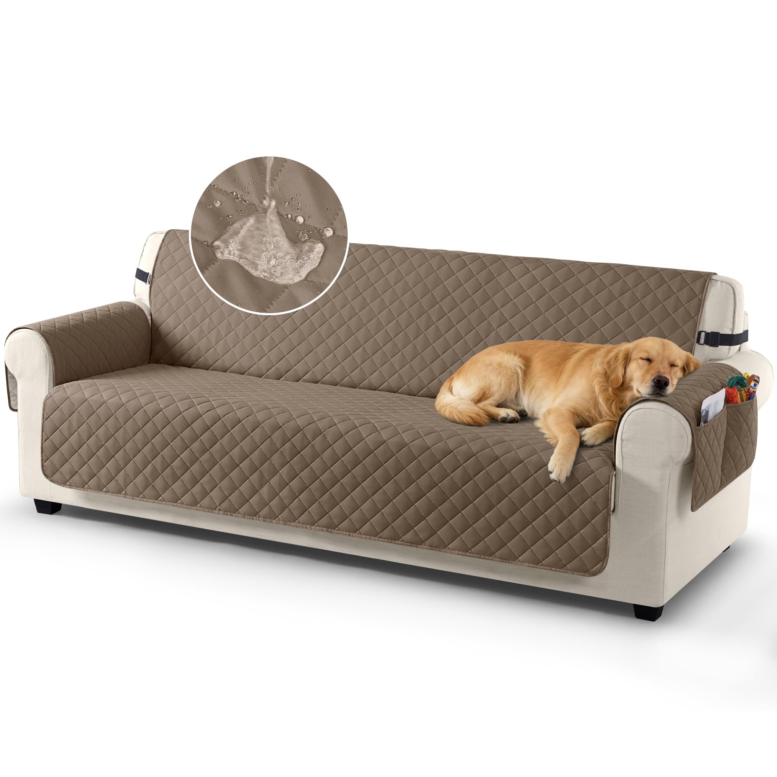 TAOCOCO Sofa Protector 100% Waterproof Sofa Covers 4 Seater,Sofa Slipcovers with Storage Pockets,Anti Slip Couch Covers,Washable Settee Covers for Kids/Dogs/Pets(Brown)