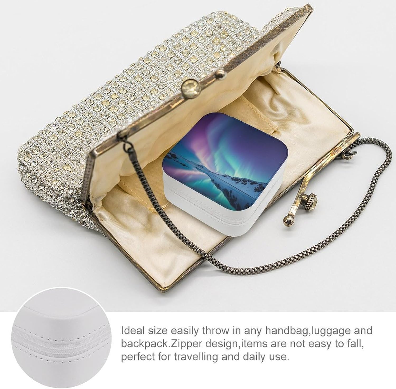Northern Lights Jewelry Box Portable Travel Jewelry Case Leather Small Jewelry Organizer Mini Display Storage Box Trinket Organizer for Womens Rings Earrings Necklaces Bracelets image 3