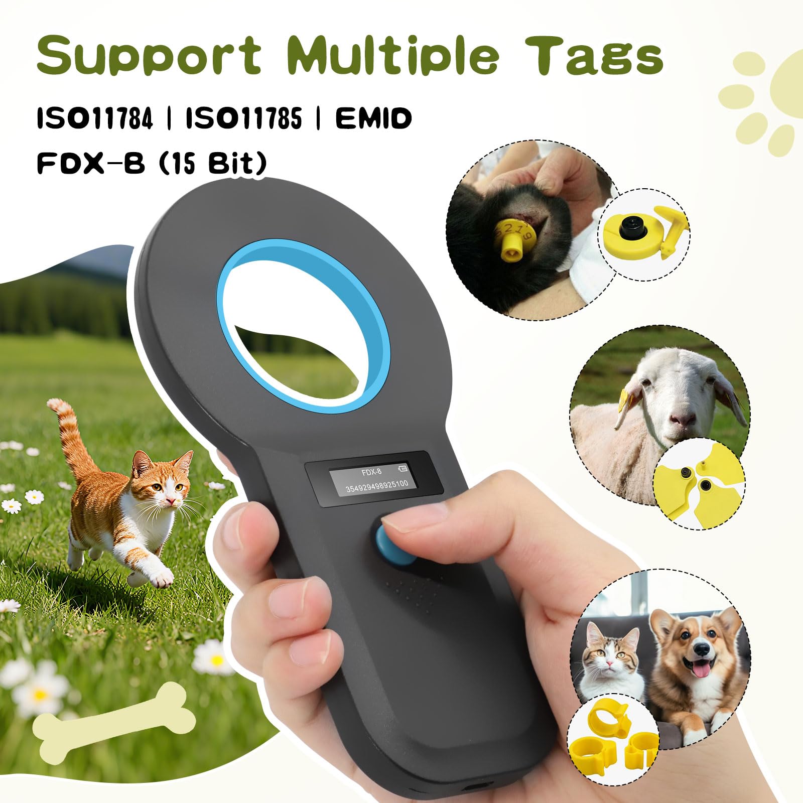 Lector de identificación de mascotas, lector de chips Bluetooth para animales, lector de microchip RFID de 134,2 kHz 125 kHz con brillo OLED indicador 128 unidades de almacenamiento de información