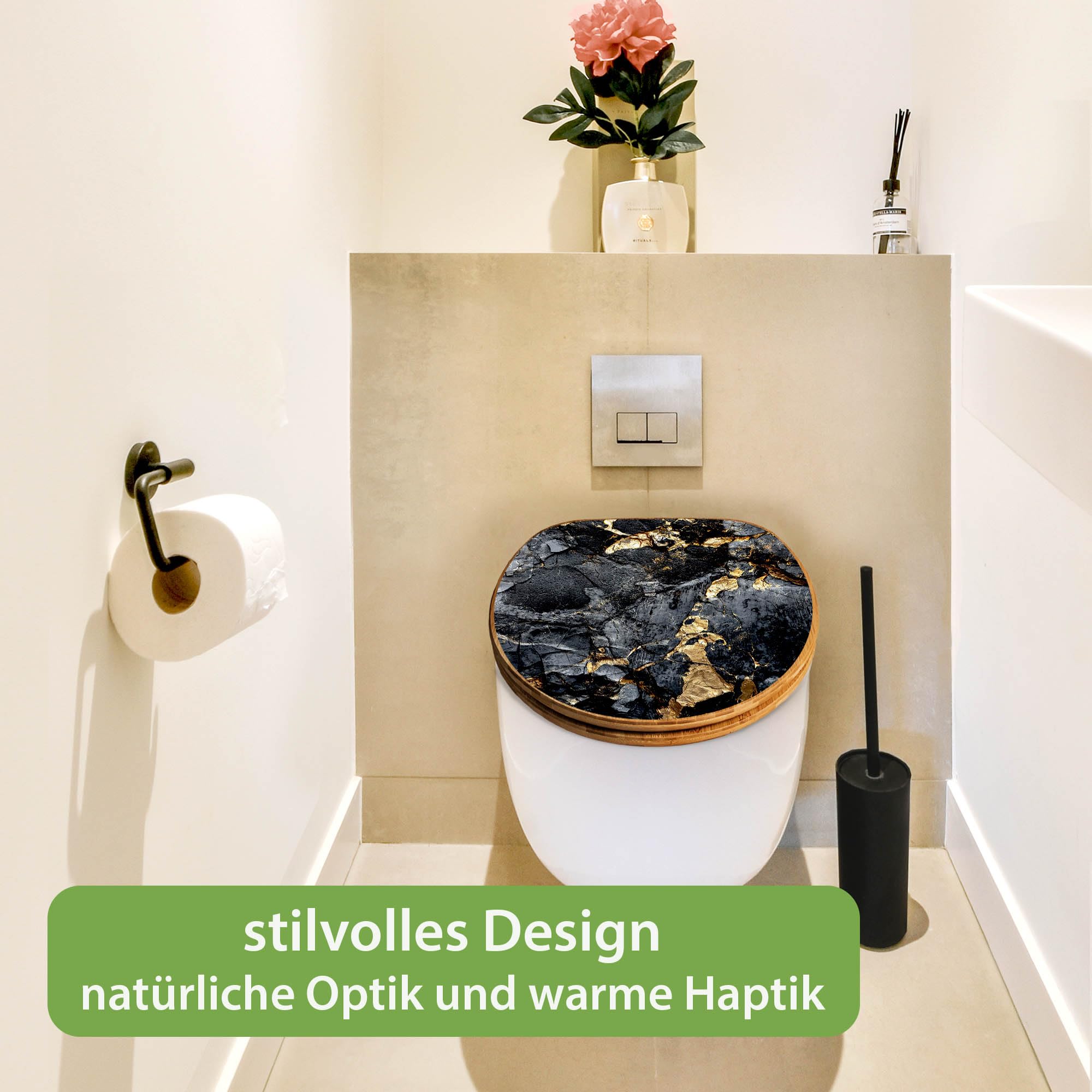 banjado Design WC Sitz Bambus Absenkautomatik 45,8x37,5cm - Toilettendeckel mit Absenkautomatik Holz - hochwertiger Bambus Klodeckel - WC-Sitz für gängigen Toiletten - Motiv Schwarzer Marmor mit Gold