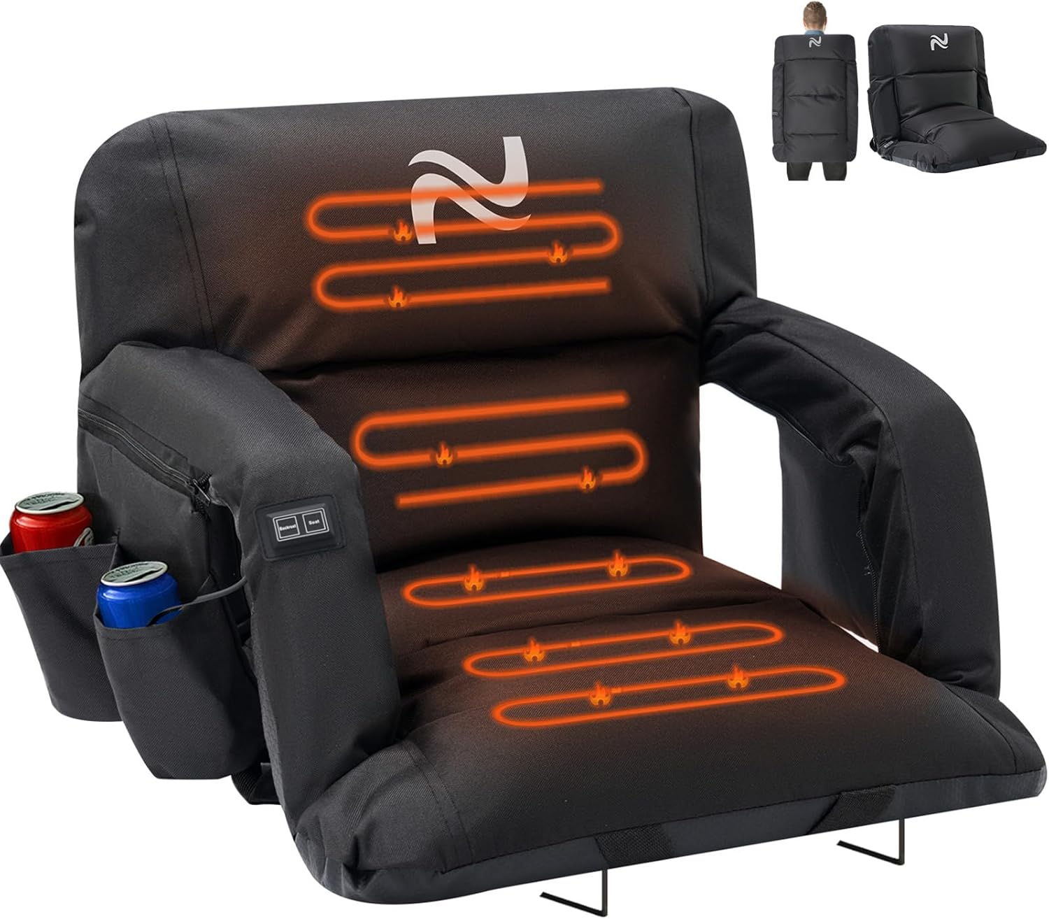 LILYPELLE Double Heated Stadium Seat Bleacher Seat with Back & Arm Support, Portable 6 Reclinng Positions Stadium Seating for Bleachers, Bleacher Seats for Sports Events, Outing, Travelling, Hiking 21" W Black Thick 1