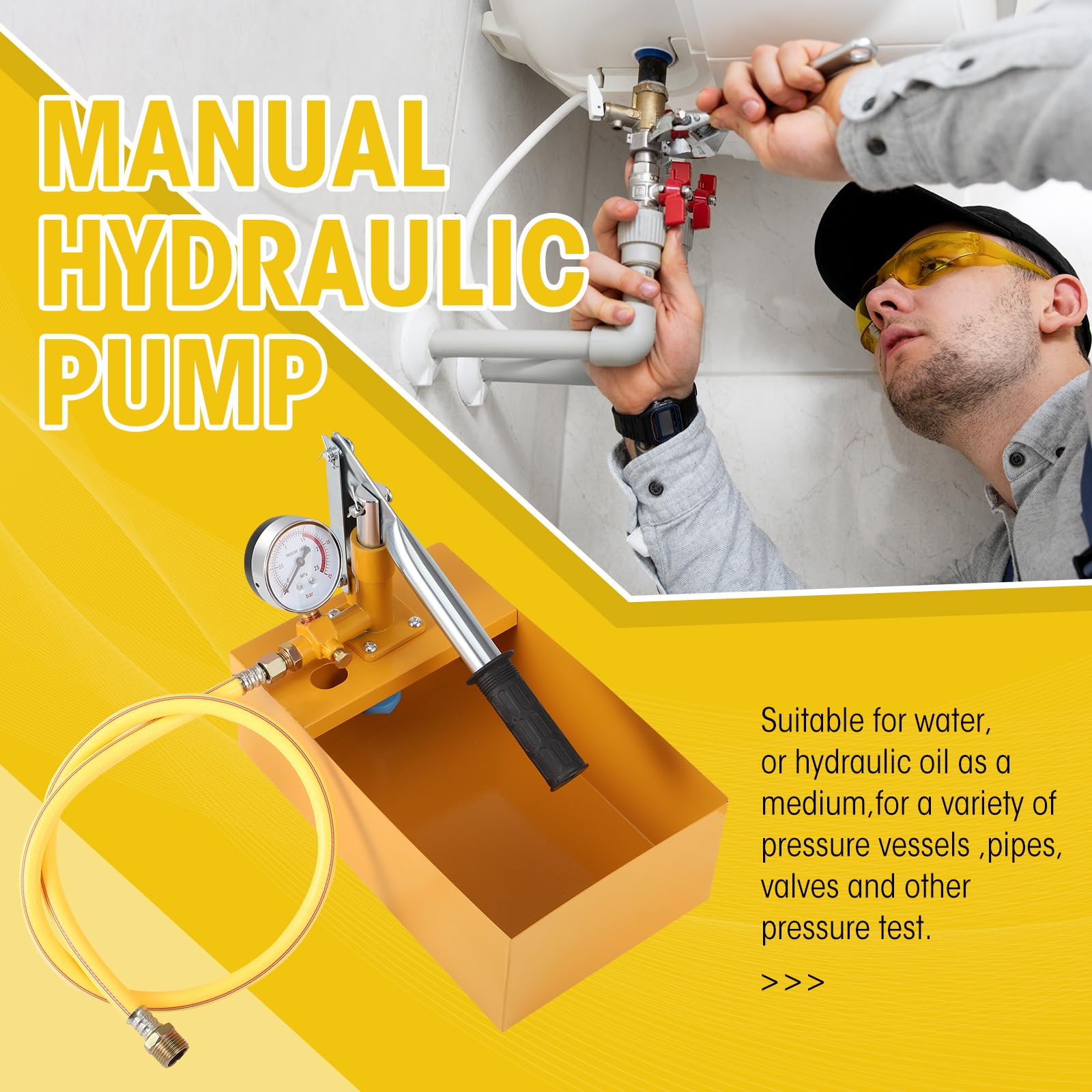 Pompe d'essai manuelle hydraulique 2,5 MPa 25 bar 5 L tuyau G1/2 1 m