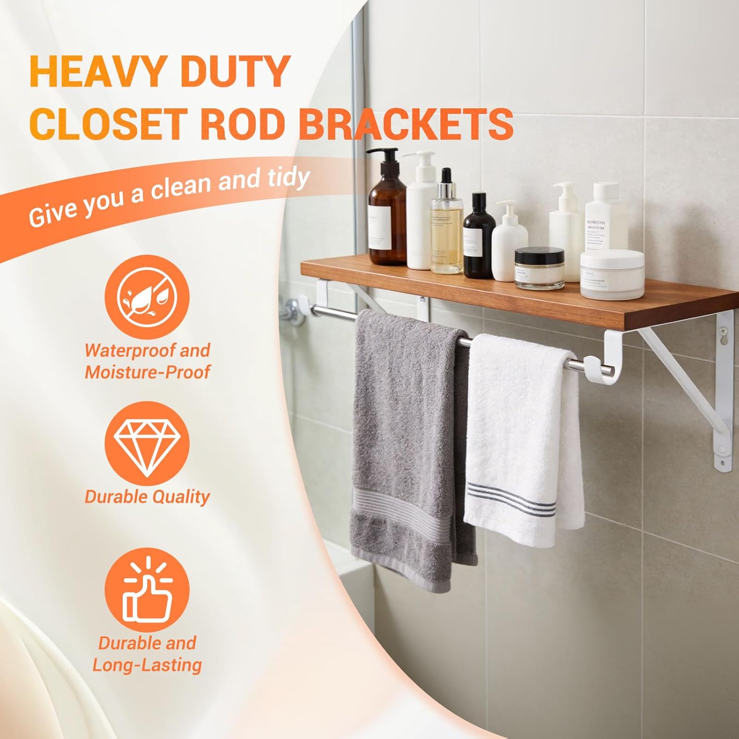 6 Pack Closet Shelf Rod Brackets, Wall Mounted Closet Shelves Support Brace with Hook, White ,with Screws-HOME MASTER HARDWARE