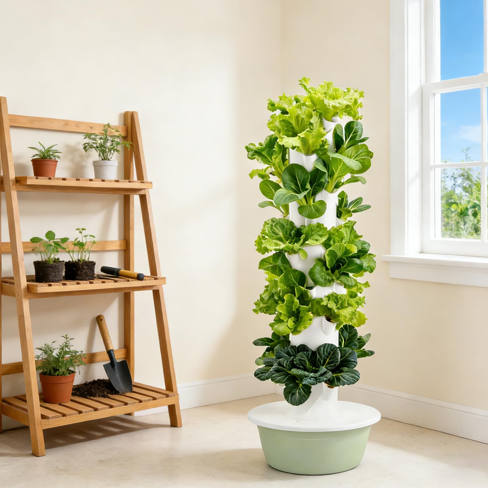 Kit de sistema de cultivo hidropónico, torre vertical con circulación automática de agua, uso en interiores y exteriores, 4 luces LED y temporizador, 9 capas para verduras y frutas