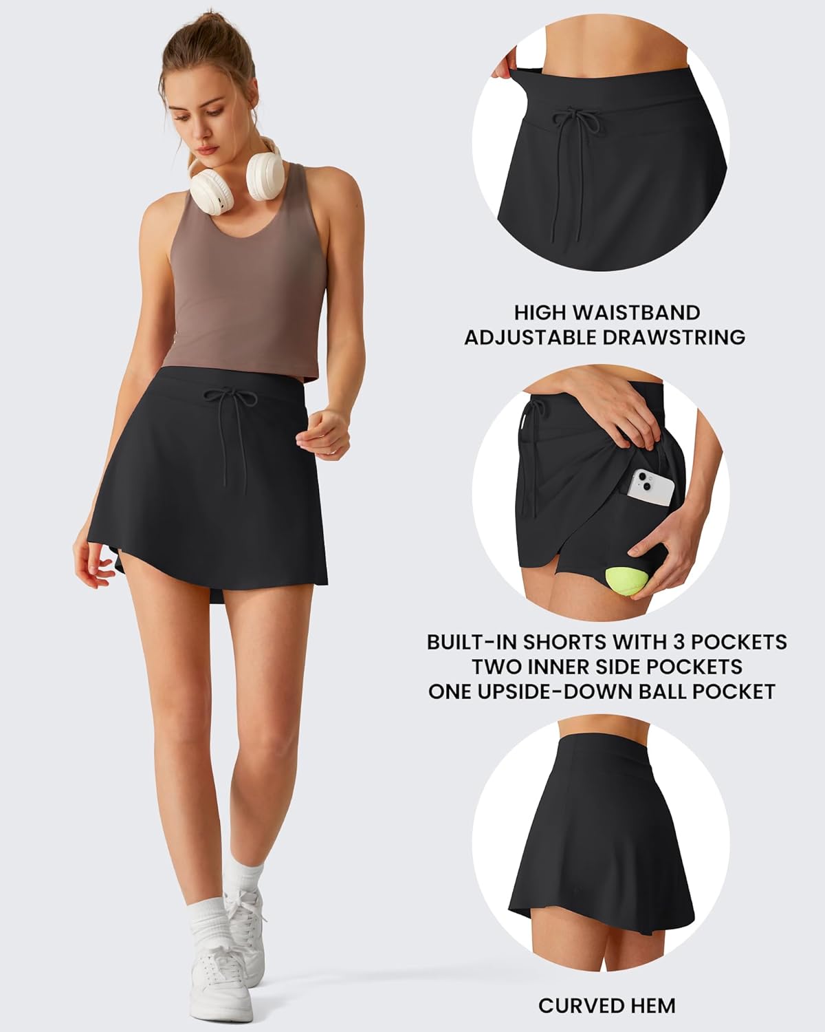 G4Free Drawstring Golf Skirts for Women - 15" Athletic Curved Hem Tennis Skort Casual Skorts Inner Shorts with Ball Pocket
