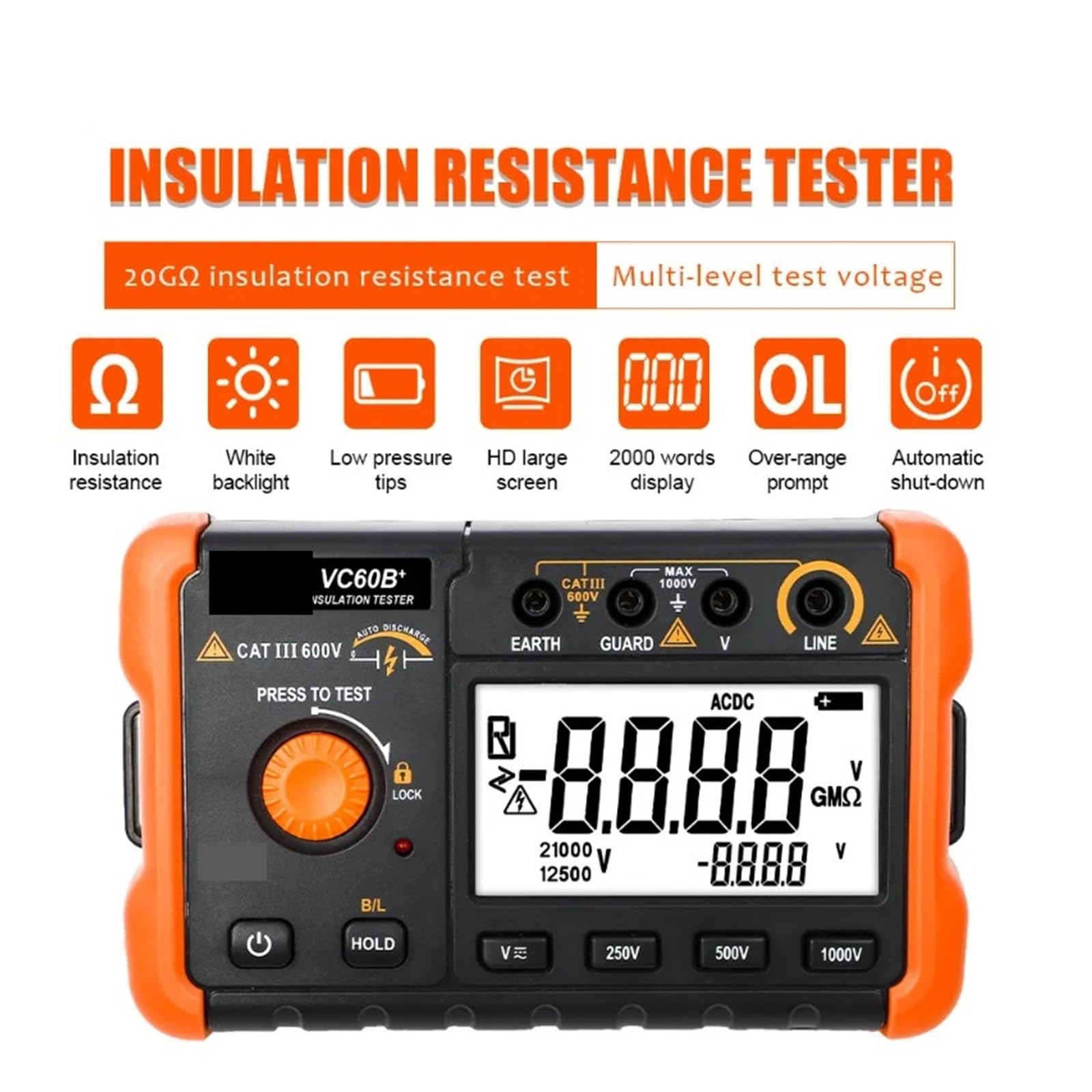 Medidores de Resistencia, Probador de resistencia aislamiento digital 60B+, 1000 V CC, CA, 2000 m ohmios, alarma entrada cortocircuito alto je, comprobador