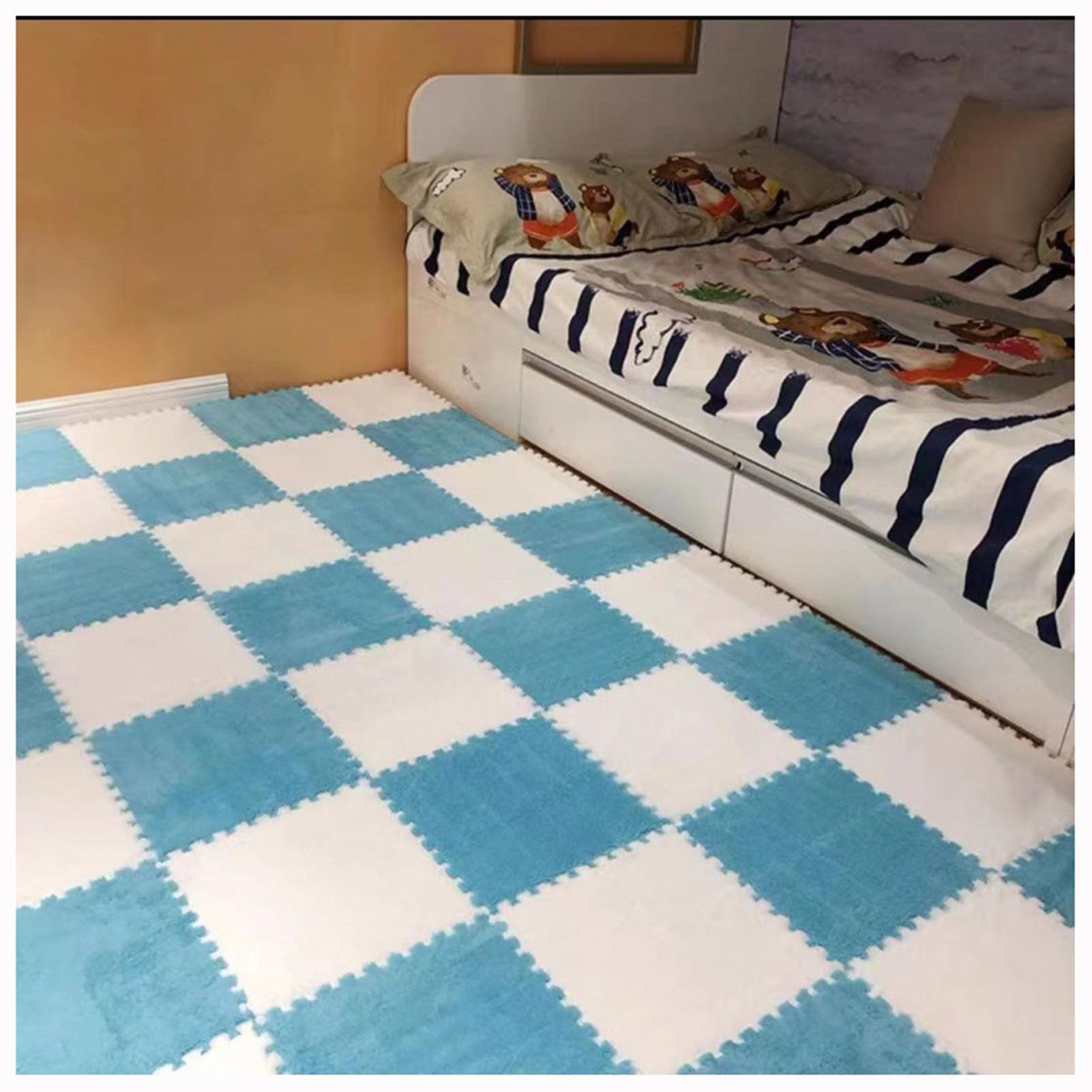 Tappeto ad Incastro Splice 10 Pezzi Patchwork Peluche Schiuma Piastrelle per Pavimenti Tappetino per Camera da Letto, Soggiorno, Sala Giochi, Tappeto ad Incastro in schiu,Blue+White