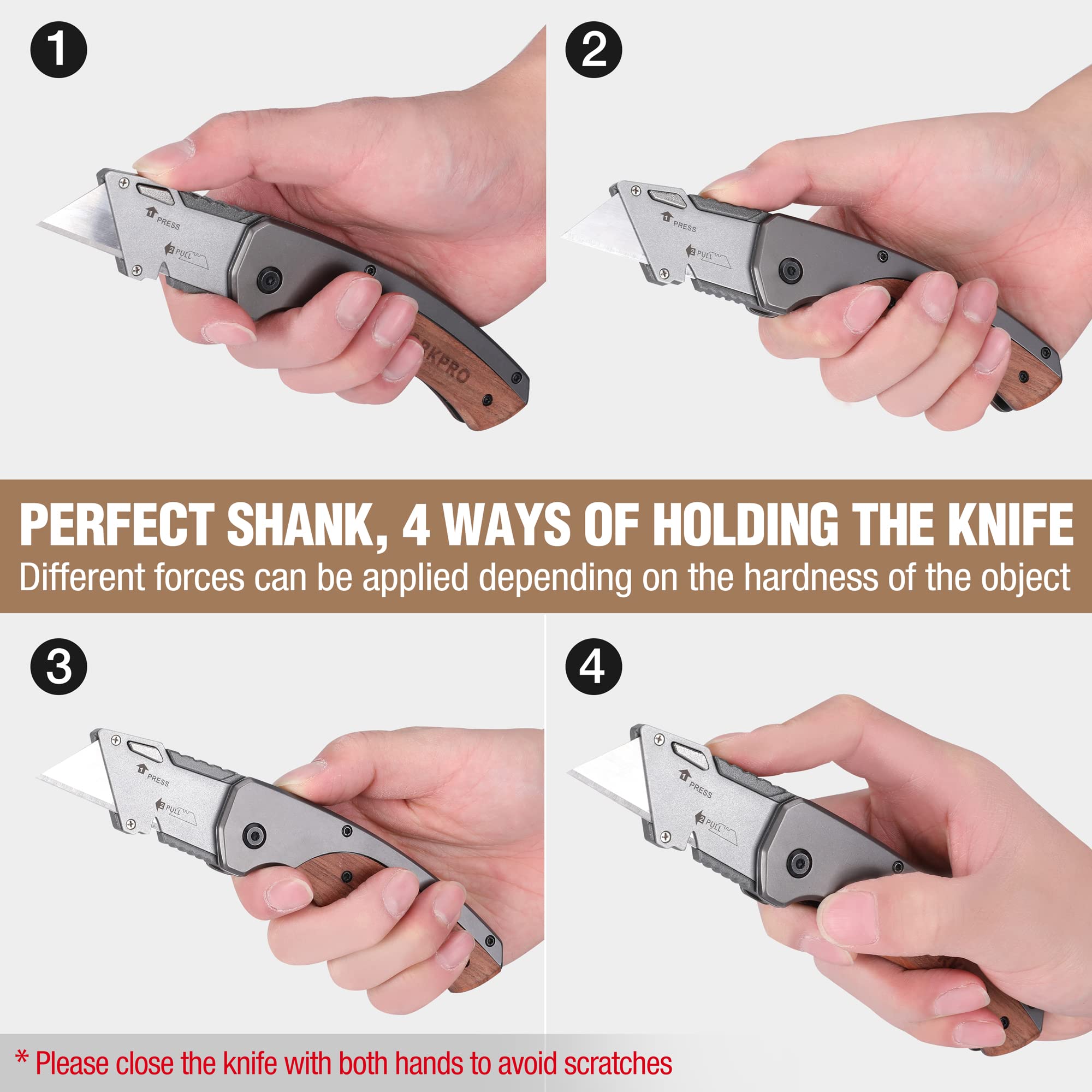 WORKPRO Cúter Plegable y Cuchillo Plegable con Mango Madera, Cuchillo Plegable de Cambio Rápido, con Clip para Cinturón, con 10 Cuchillas SK5, Navaja Plegable para Camping | Cuchillo Plegable de Cambio Rápido con Clip para Cinturón, Incluye 10 Cuchillas S