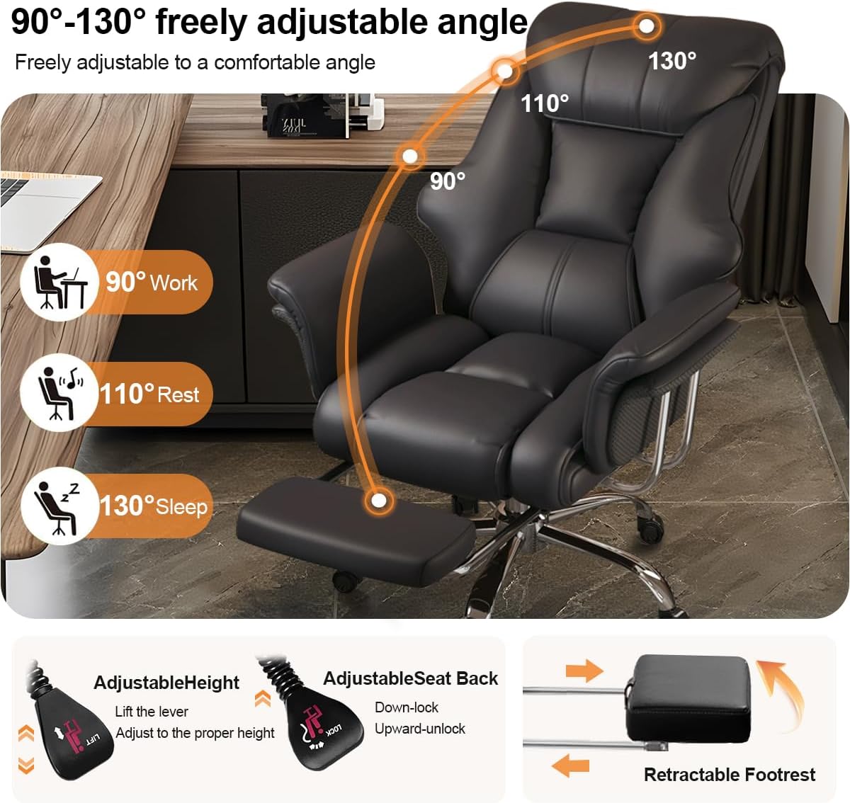 Big and Tall Office Chair Wide Seat Ergonomic Leather Executive Desk Chair with Leg Rest, Heavy-Duty 550 lbs Adjustable Height Computer Gaming Chairs