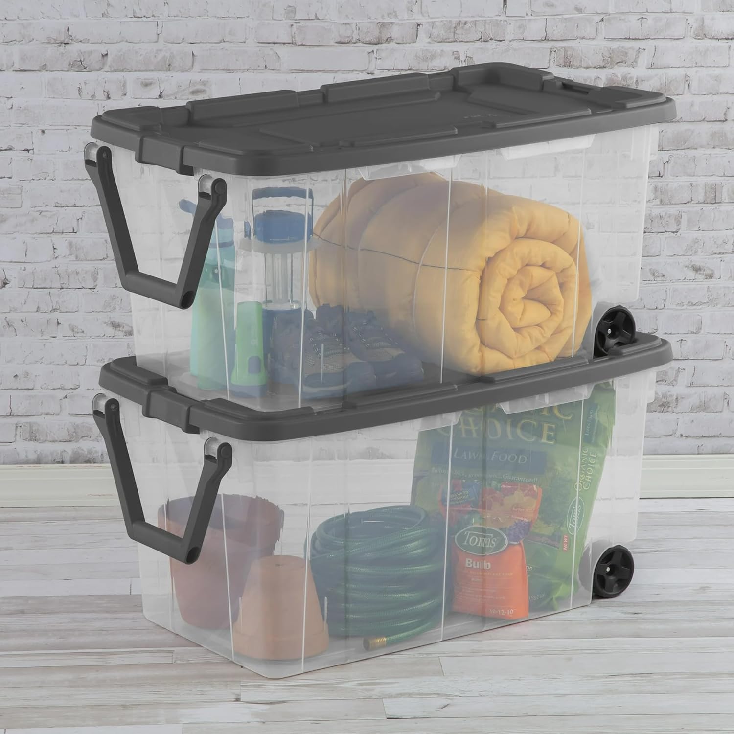 2 Pack 160 Quart Wheeled Storage Bins - Stackable Heavy Duty Clear Totes with Secure Latch Lid & Reinforced Pull Handle, Ideal for Garage, Closet & Moving (Clear/Gray)