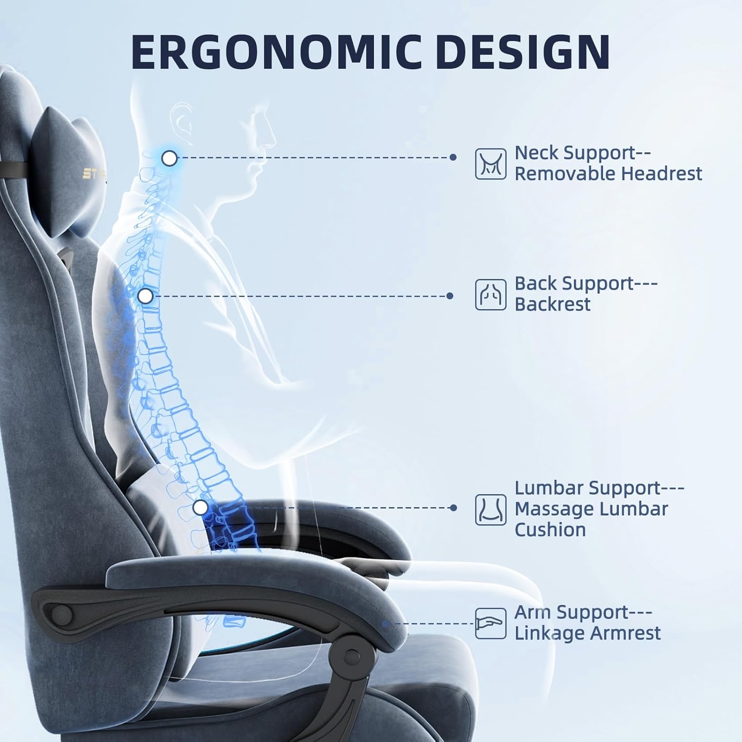 Ferghana Velvet Fabric Ergonomic Gaming Chair with Footrest and Massage, High Back Reclining Computer Gamer Chair for Adult, Racing Style PC Video Game Chair Suitable for Home Office (Grey)