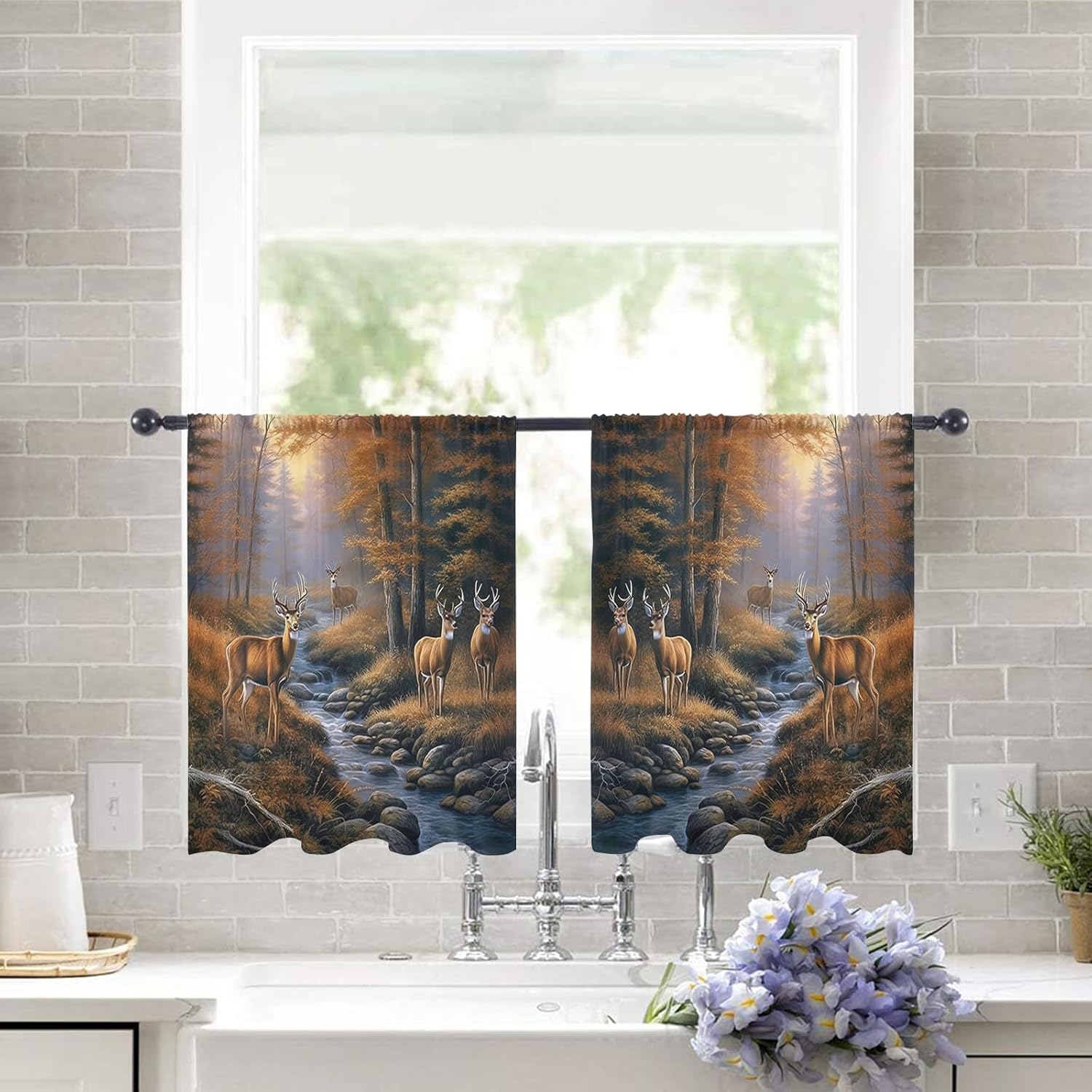 Sheer Curtains 54 Inches Long, Deers Stream Grass in Forest Pattern Window Treatment Panels Light Filtering Rod Pocke Curtain Voile Drapes for Bedroom/Living Room Each 52" W x 54" L