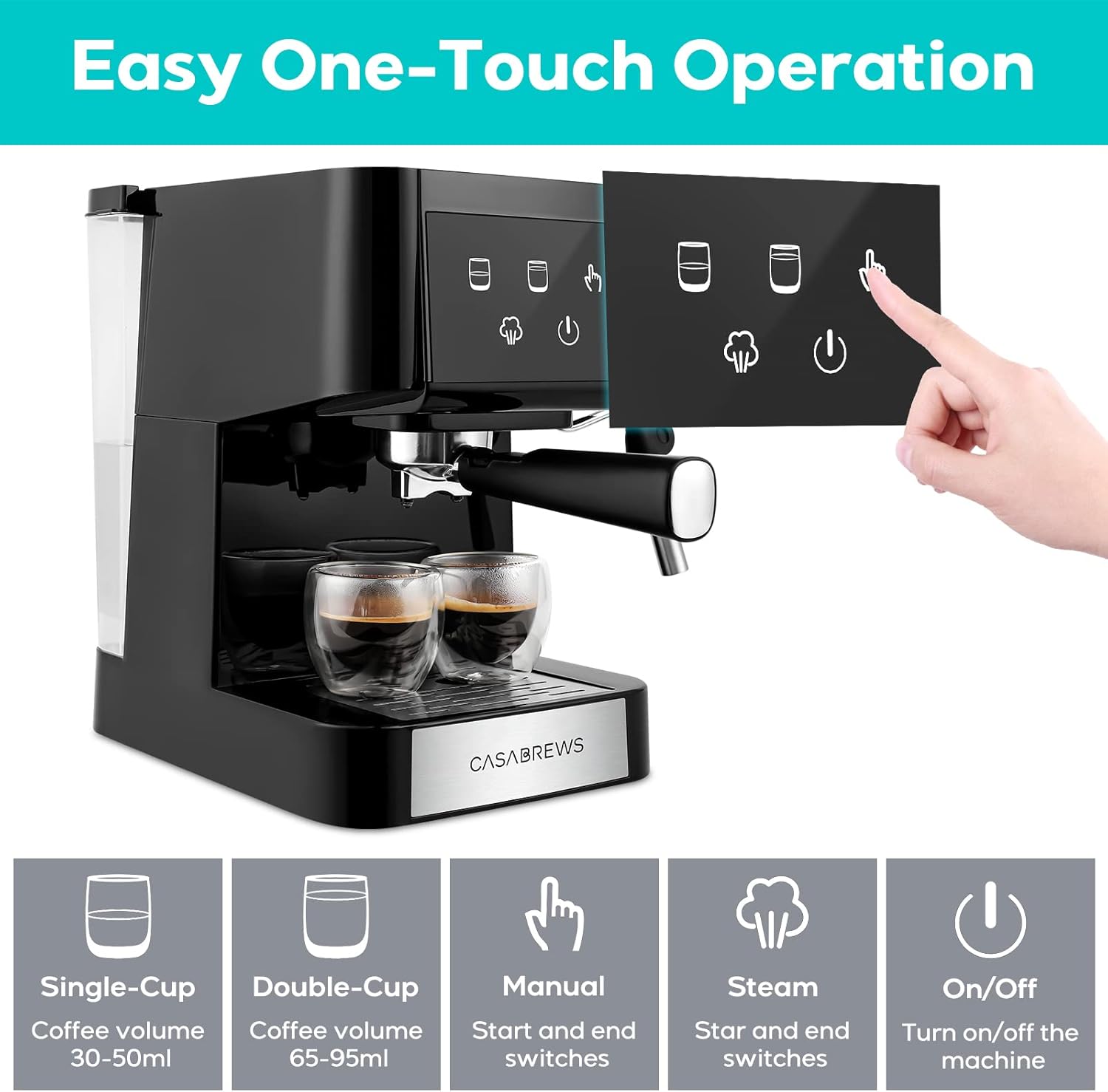 Close-up of the espresso machine's touch screen panel with brewing options
