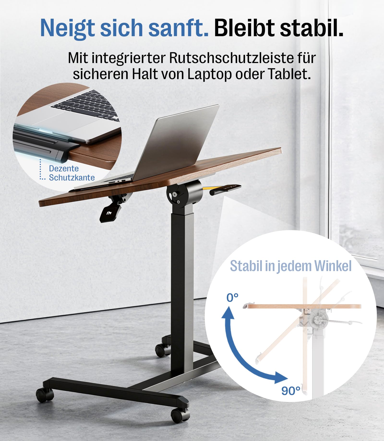 MAIDeSITe Fit Pro Mesa Auxiliar con Ruedas para Ordenador, Mesa Elevadora de Altura de 76 a 110 cm, Pequeña Mesa Elevadora Neumática con Tablero abatible de 90° para Sofá Cama Salón Dormitorio