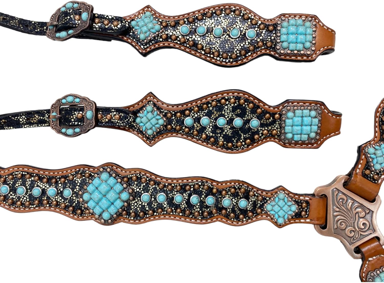 Western One Ear Headstall & Breast Collar Tack Set with Leopard Print & Turquoise Stone Overlay - Premium Argentina Cow Leather for Horse Lovers